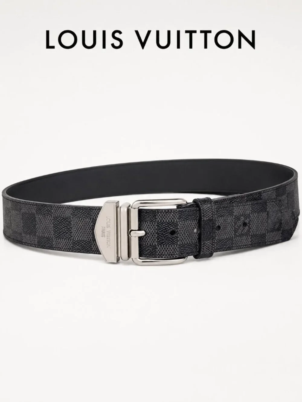 Louis Vuitton M9708 Damier Graphite Men’s Belt Black Silver Buckle Size 90/36